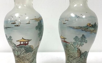 PAIR VINTAGE CHINESE INSIDE PAINTED GLASS VASES