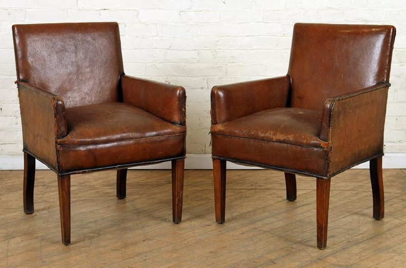 PAIR VINTAGE LEATHER CHAIRS RECTILINEAR FORM