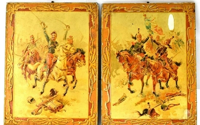 Pair Antique Hussars On Horses Prints On Tin