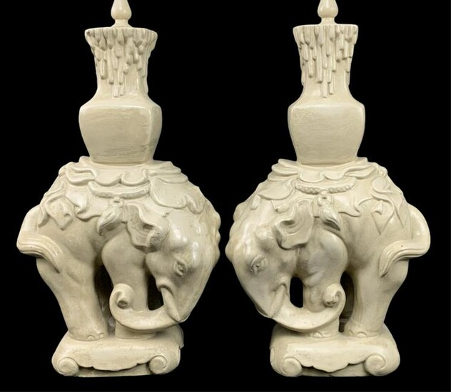 Pair Art Deco Chinese Chalkware Elephant Lamps