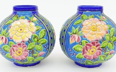 Pair Boch Freres Keramis Floral Ball Vases