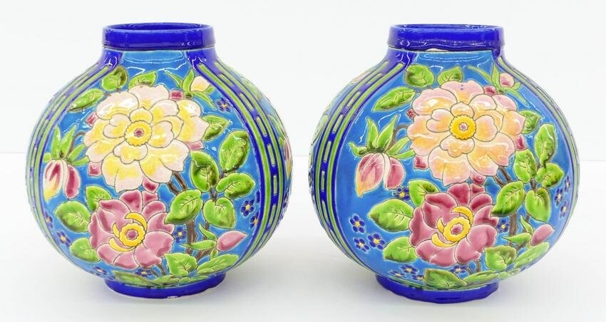 Pair Boch Freres Keramis Floral Ball Vases