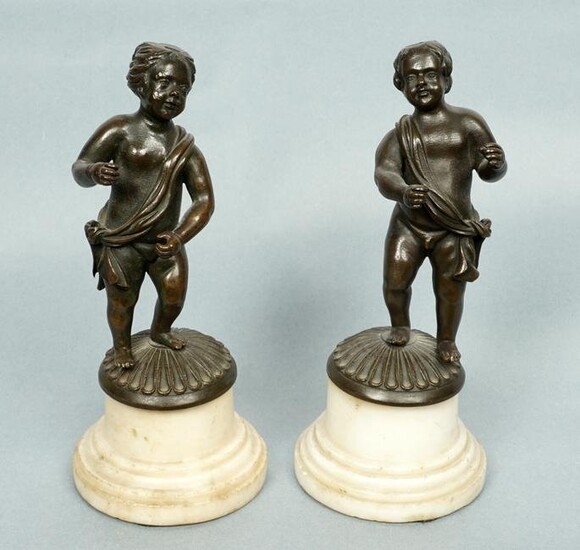 Pair Bronze Putti on Marble Bases