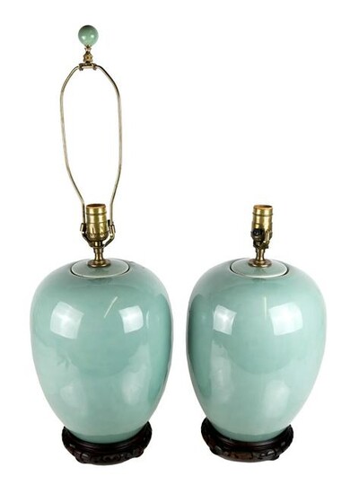 Pair Celadon Glazed Ceramic Vases, as Lamps