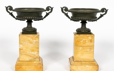 Pair, Charles X Style Bronze & Marble Urn Tazzas