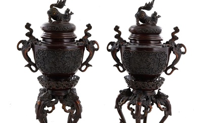 Pair Japanese Bronze Urns with Covers (2pcs)