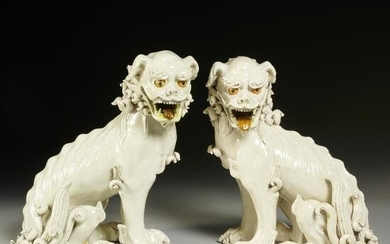 Pair Japanese monochrome white Buddhist lions