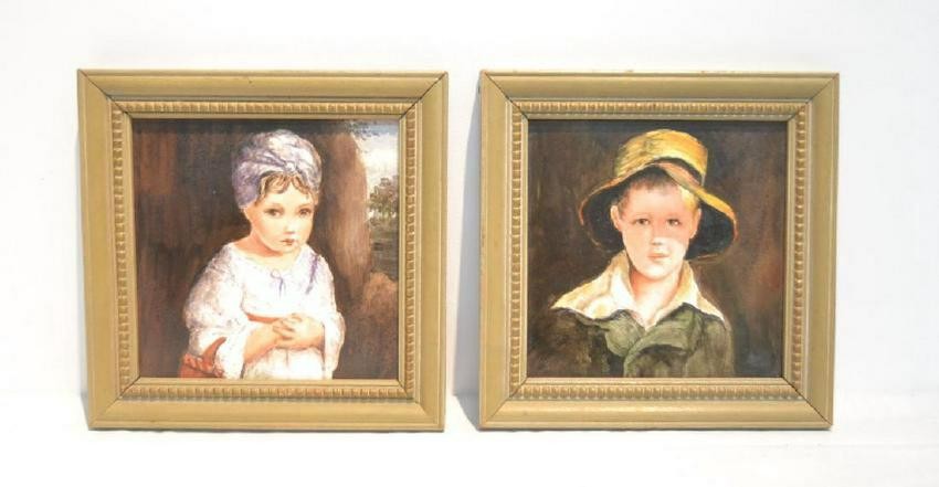 Pair Of Hand Painted German Porcelain Portraits Of Boy