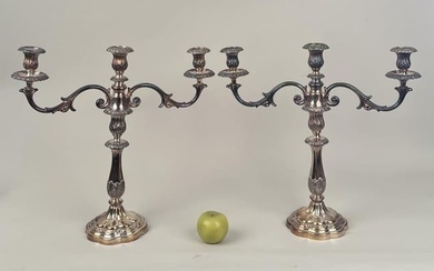 Pair Silver Plated Two Arm Three Light Candelabra