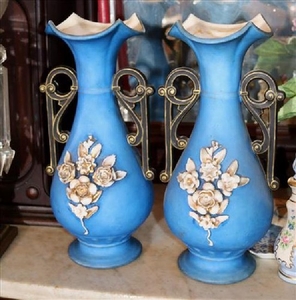 Pair blue porcelain Victorian vases, 15 in. T, 7 in. W.