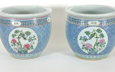 Pair of 19th century Chinese famille rose porcelain planters. Landscape decorated panels. Brocade