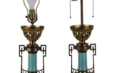 Pair of Blue Porcelain Metal Mounted Table Lamps