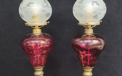 Pair of Cranberry , marble & brass lamps, with well grape cut glass shades - all rewired ready to