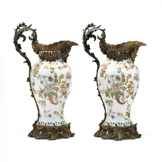Pair of Gilt Bronze Mounted Porcelain Ewers