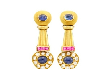 Pair of Gold, Cabochon Sapphire, Pink Sapphire and
