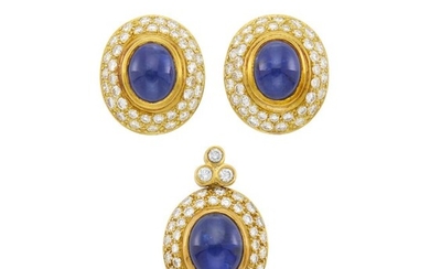 Pair of Gold, Cabochon Sapphire and Diamond Earclips and Pendant