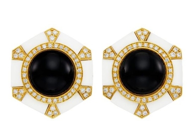 Pair of Gold, White and Black Onyx and Diamond Earclips