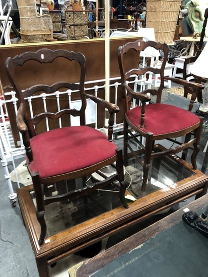 Pair of Late 19th Century French Provincial Beech Ladder Back Armchairs, with red corduroy seat and cabriole legs