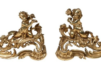 Pair of Louis XV Style Gilt Bronze Chenets, 19th c., Each- H.- 13 in., W.- 16 in., D.- 5 1/2 in. (2