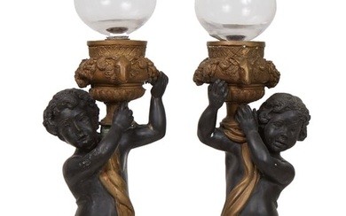 Pair of Patinated and Gilt Bronze Putti Candlesticks, early 20th c., on integral bases, with glass