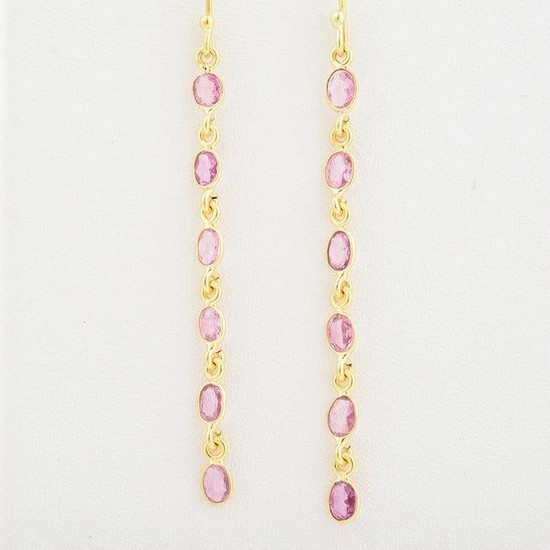Pair of Pink Sapphire, 18k Yellow Gold Earrings.