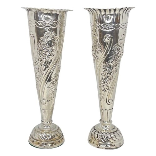 Pair of Silver Decorated Trumpet Vases, London 1889, William...