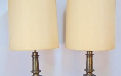 Pair of Stiffel bronze table lamps, with original shades, mixed patina, decorative lighting, lamps
