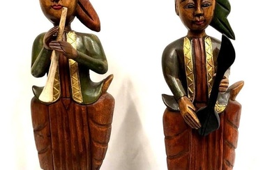Pair of Vintage Carved Wood Thai Painted Musicians
