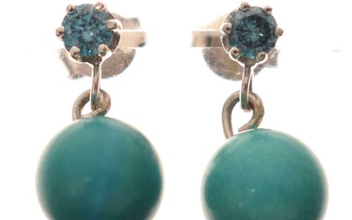 Pair of blue diamond and turquoise drop earrings
