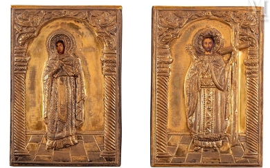 Paire d’icônes de mariage de Saint Constantin le Grand et Sainte Dominique (Dominica) de Constantinople....