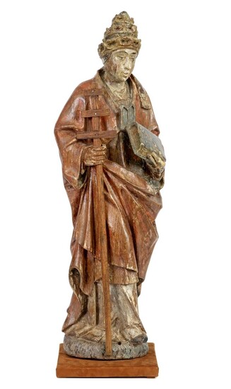 Pape en bois sculpté et polychromé Travail du XVIIe siècle Hauteur : 75 cm (crosse...