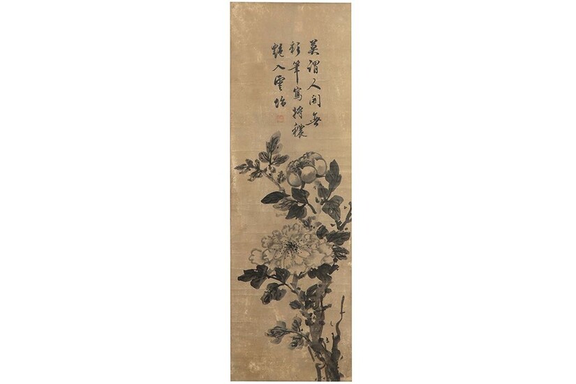 Peinture chinoise sur soie : "Bloementak" - 88 x 27,5 ||framed Chinese "Flowers" painting on...