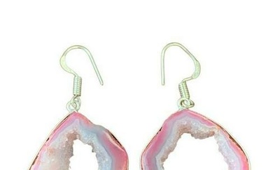 Pink Agate Druzy Gemstone Sterling Silver Plated Earrings