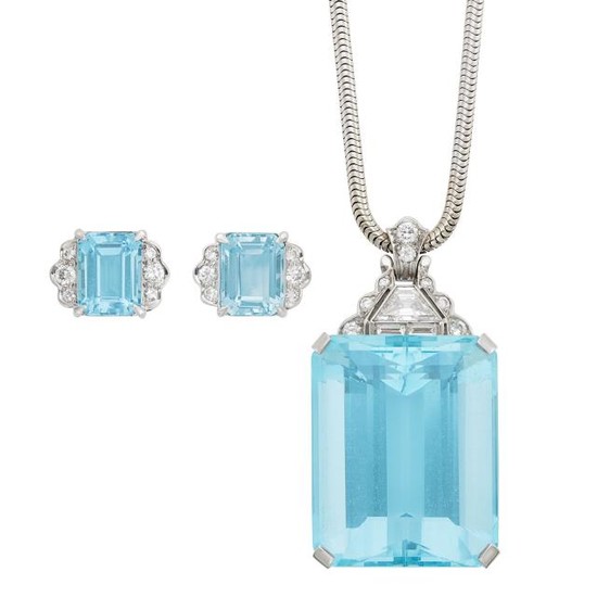 Platinum, Aquamarine and Diamond Pendant with White Gold Snake Chain Necklace and Pair of Earclips