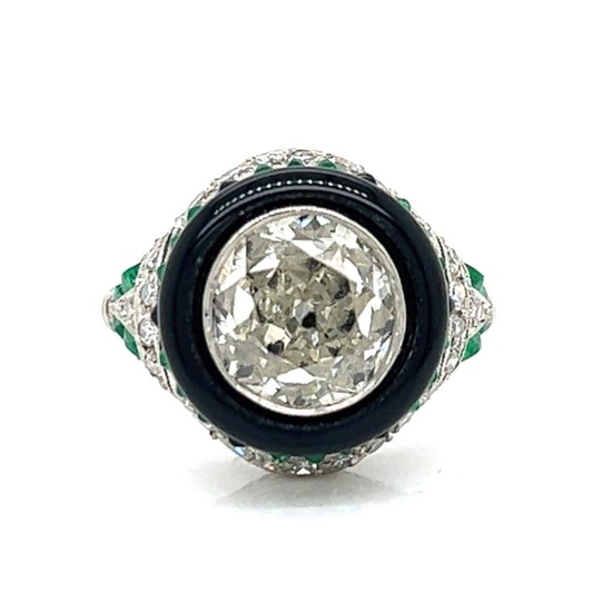 Platinum Diamond, Onyx, & Emerald Ring