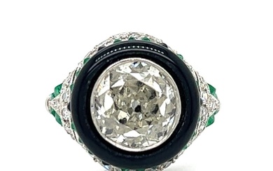 Platinum Diamond, Onyx, & Emerald Ring