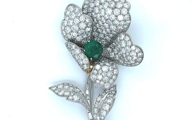 Platinum Emerald & Diamond Flower Brooch