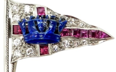 Platinum Estate Crown Flag Brooch Pin with Diamonds, Enamel and Synthetic Rubies