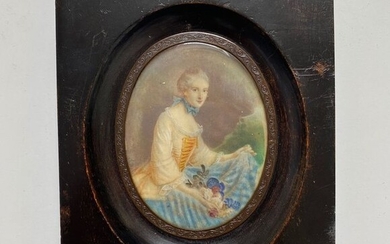 Portrait miniature, Elegant lady - Signed initials H.R. - Ivory, Wood - 19th century