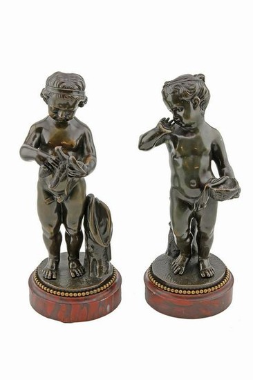 Pair of Antique French Bronzes of 2 Young Girls