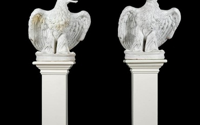 Pr Life Size White Glaze Terracotta Figural Eagles
