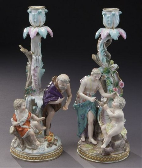 Pr. Meissen Porcelain Allegorical Candlesticks
