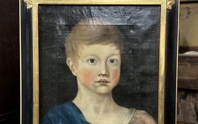 Primitive o/c portrait of young child with rosy cheeks, in contemporary frame. Wonderful appearance
