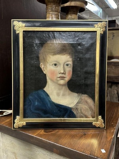 Primitive o/c portrait of young child with rosy cheeks, in contemporary frame. Wonderful appearance