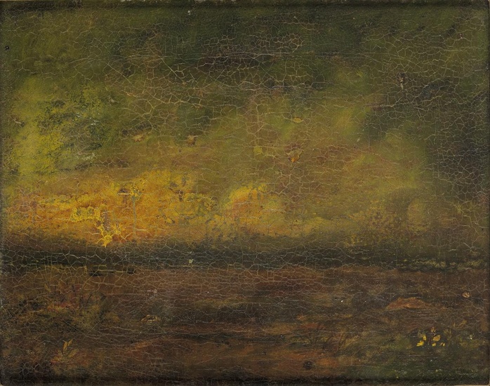 RALPH ALBERT BLAKELOCK Twilight. Oil on canvas. 160x200 mm; 6 1/2x8 inches. Initialed...