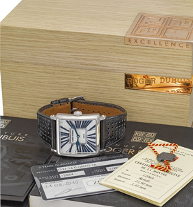 ROGER DUBUIS. A RARE AND ATTRACTIVE 18K WHITE GOLD SQUARE AUTOMATIC LIMITED EDITION WRISTWATCH WITH MOTHER -OF-PEARL DIAL, ORIGINAL GUARANTEE AND BOX, SIGNED ROGER DUBUIS, GOLDEN SQUARE MODEL, LIMITED EDITION 03/28, REF. G37 14 0 GN1G.7A, MOVEMENT NO....