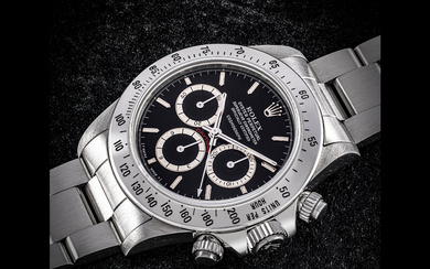 ROLEX. A VERY RARE STAINLESS STEEL AUTOMATIC CHRONOGRAPH WRISTWATCH WITH BRACELET AND “FLOATING” DIAL DAYTONA MODEL, REF. 16520, “FLOATING” MK 1 DIAL, R-SERIES, CIRCA 1989
