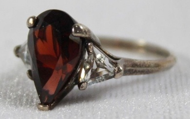 Red Pear Shaped Ring With 2 White Trillian Stones On