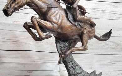 Remington Inspired Native American On Horseback Bronze Sculpture - 17" x 19"