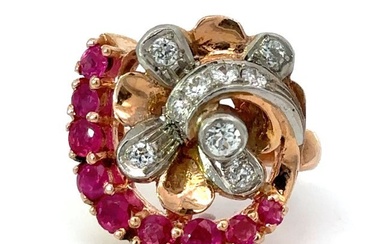 Retro Ruby and Diamond 14K Gold and Platinum Ring